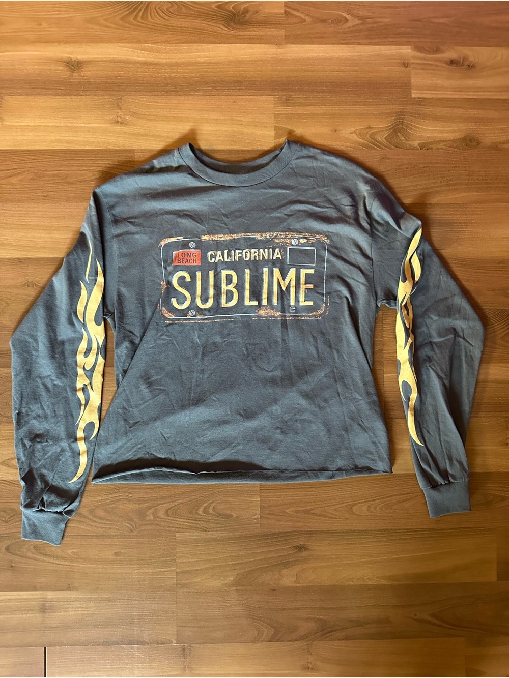 Sublime License Plate Gray Long Sleeve Graphic Tee with Yellow Flame Sleeves